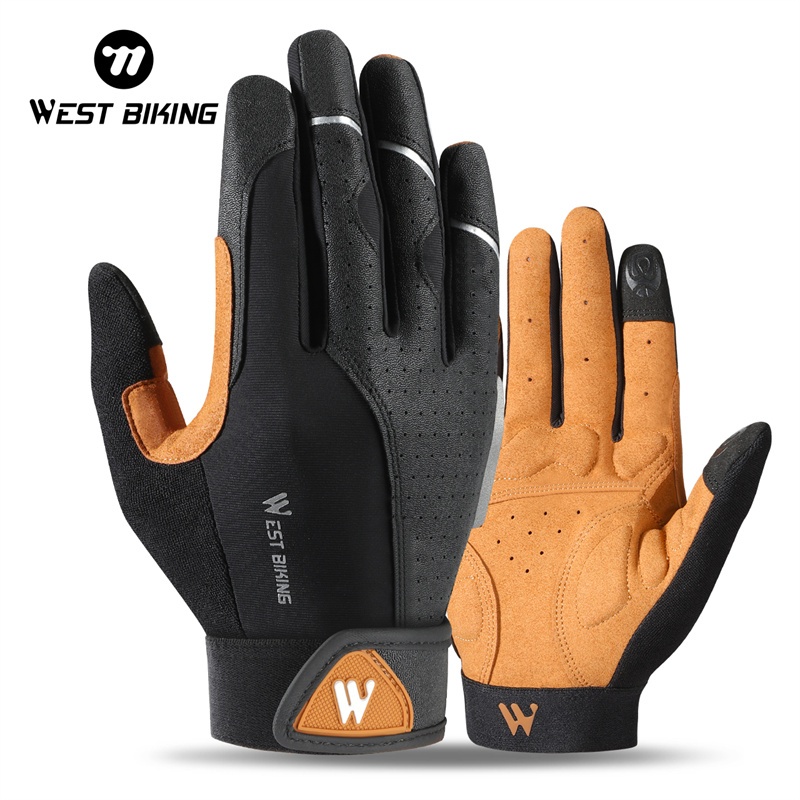 WEST BIKING ถุงมือขี่จักรยาน สําหรับกีฬากลางแจ้ง แบบเต็มนิ้ว จักรยานเสือภูเขา รถจักรยานยนต์ ป้องกันการกระแทก ระบายอากาศได้