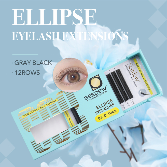 SEEDEW Flat Ellipse Eyelash Extensions 0.15mm 0.2mm Matte Grey Black Split Tips Shaped Soft Natural