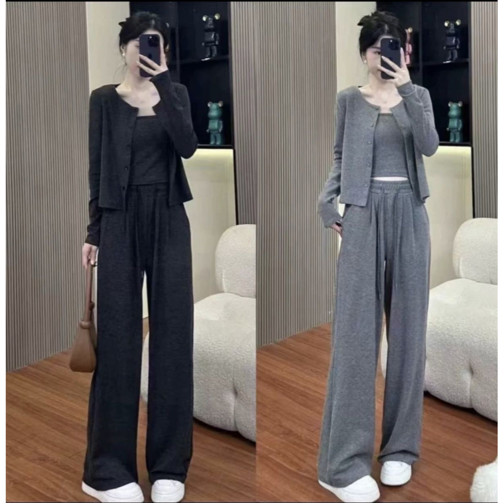 3ชิ้นผู้หญิงเสื้อผ้าแต่ละชุดสวมใส่สุภาพสตรีแขนยาวหลวมรอบ โอ คอด้านบนเสื้อและ บาง ท็อปส์เสื้อ & กางเกงขายาวเอวสูงกางเกงสีธรรมดา #880