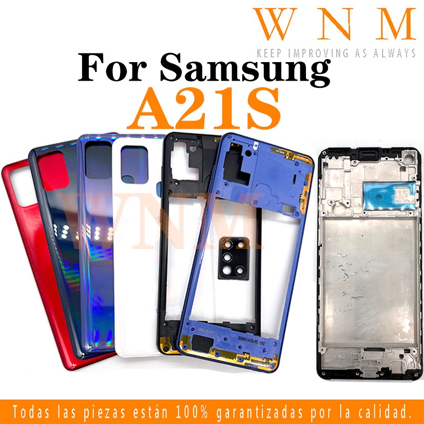 ใหม่สําหรับ Samsung Galaxy A21S A217 LCD กรอบด้านหน้า Bezel ฝาหลังแบตเตอรี่ + กรอบกลาง + ชิ้นส่วนกรอบกล้องด้านหลังกรณีที่อยู่อาศัยศูนย์แชสซี + ปุ่ม