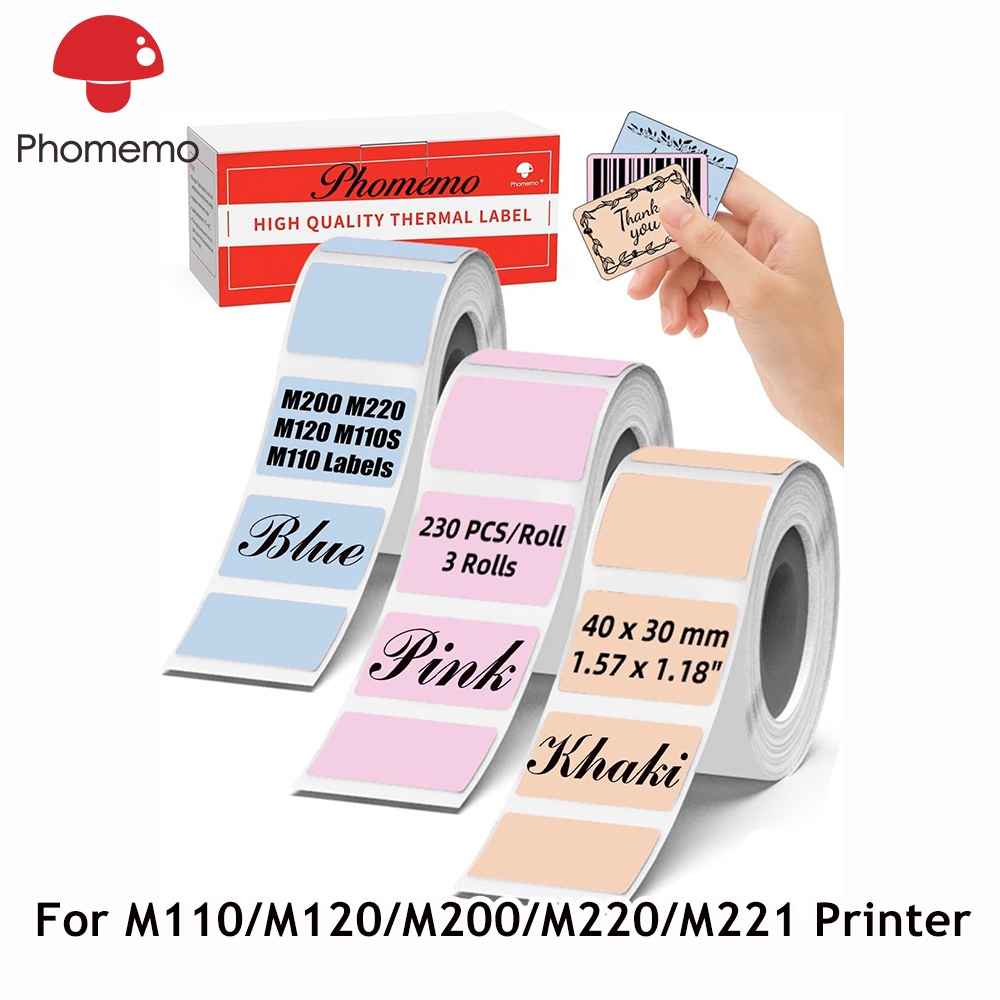 Phomemo (3 ม้วน) 40x30mm สติกเกอร์ฉลากความร้อนสีสำหรับเครื่องพิมพ์ M100/M110/M120/M200/M220/M221/241