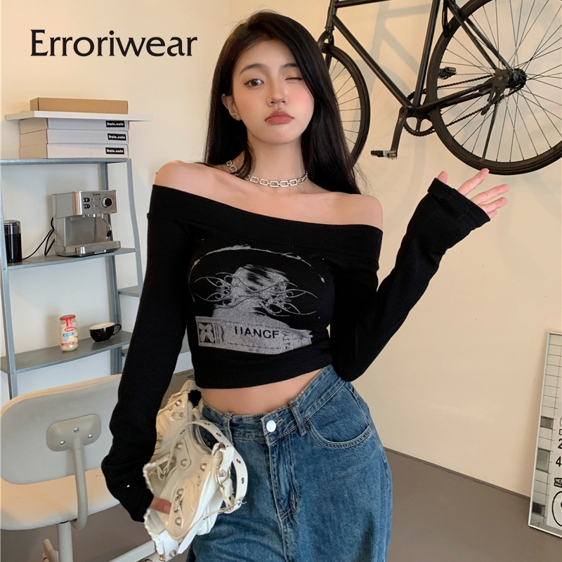 ข้อผิดพลาด เสื้อยืดผู้หญิงย้อนยุคบทคัดย่อพิมพ์ปิดไหล่แขนยาวสลิมฟิตเสื้อลําลอง