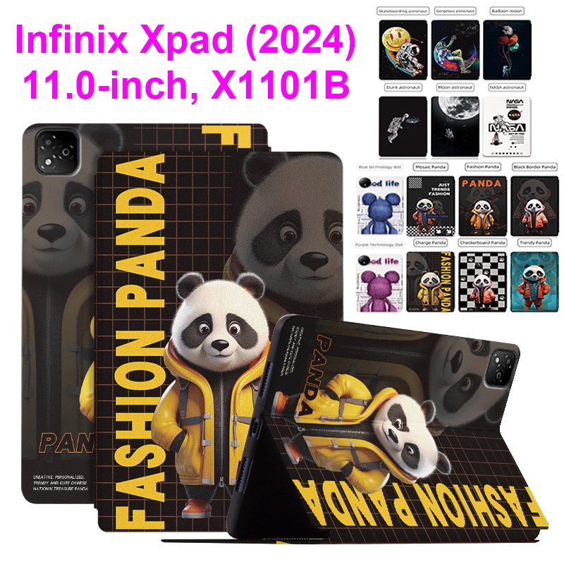 สําหรับ Infinix Xpad 2024 11.0" X1101B แท็บเล็ตพีซี Infinix XPAD 11 นิ้วคุณภาพสูงป้องกันกรณีแฟชั่นทาสีรูปแบบตุ๊กตา Panda นักบินอวกาศ Flip สไตล์ขาตั้งปกหนังปลอก
