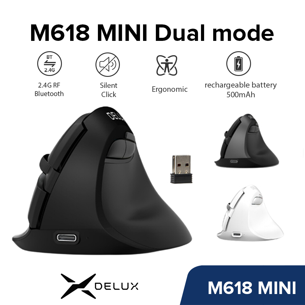 NORGBDelux M618mini Dual Mode Bluetooth 4.0 2.4Gไร้สายเงียบคลิกตามหลักสรีรศาสตร์แนวตั้ง 500mAhเมาส์คอมพิวเตอร์แบบชาร์จไฟได้สําหรับสํานักงานMacos Windows