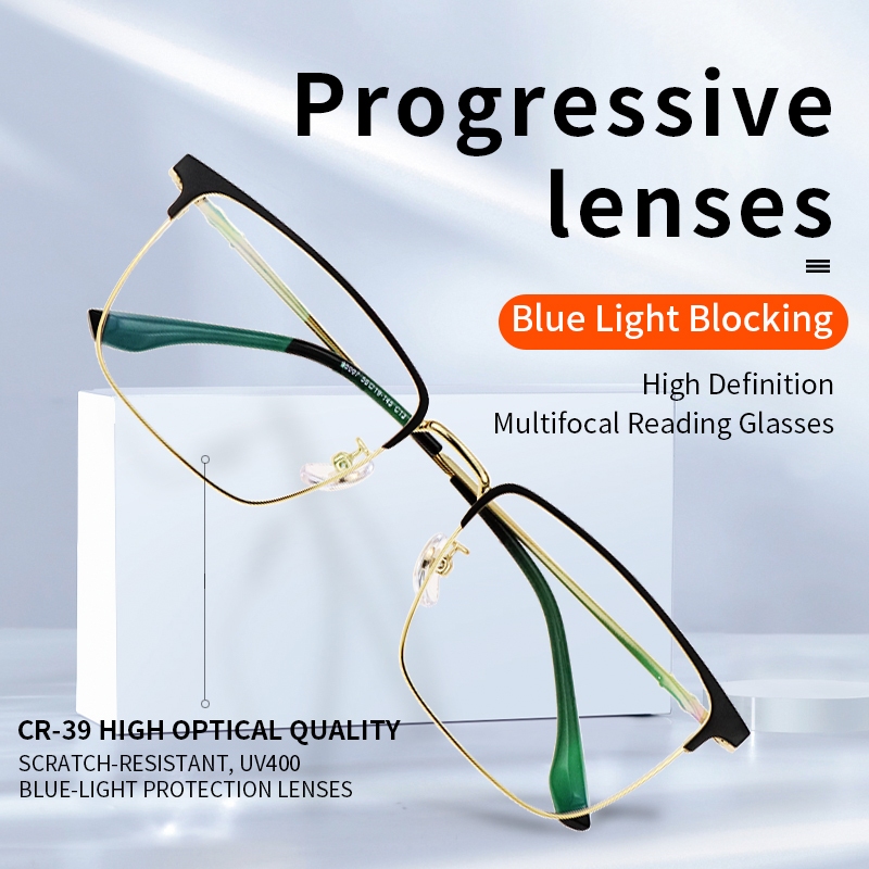 Progressive Multifocal แว่นอ่านหนังสือ Blue Light Blocking สำหรับผู้ชาย, กรอบโลหะขนาดใหญ่, อ่านคอมพิวเตอร์กันรังสีUVและลดความเมื่อยล้าของตา