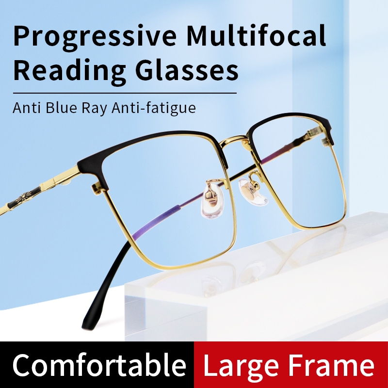Progressive Multifocal แว่นอ่านหนังสือ Blue Light Blocking สำหรับผู้ชาย, กรอบโลหะขนาดใหญ่, อ่านคอมพิวเตอร์กันรังสีUVและลดความเมื่อยล้าของตา - รูปที่ 2