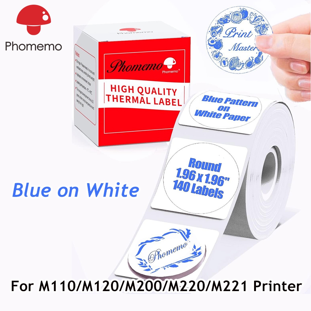 Phomemo สติกเกอร์ฉลากความร้อนกลมสีฟ้าบนพื้นขาว สำหรับเครื่องพิมพ์ M100/M110/M120/M200/M220/M221/241B