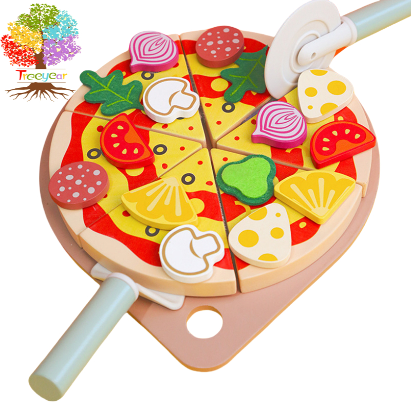 Treeyear ชุดของเล่นพิซซ่าไม้สําหรับเด็กเล่นตามบทบาท - ปลอดภัยและทนทานแกล้งเล่นอาหารกับท็อปปิ้งเครื่องมือตัดและการศึกษาสนุก