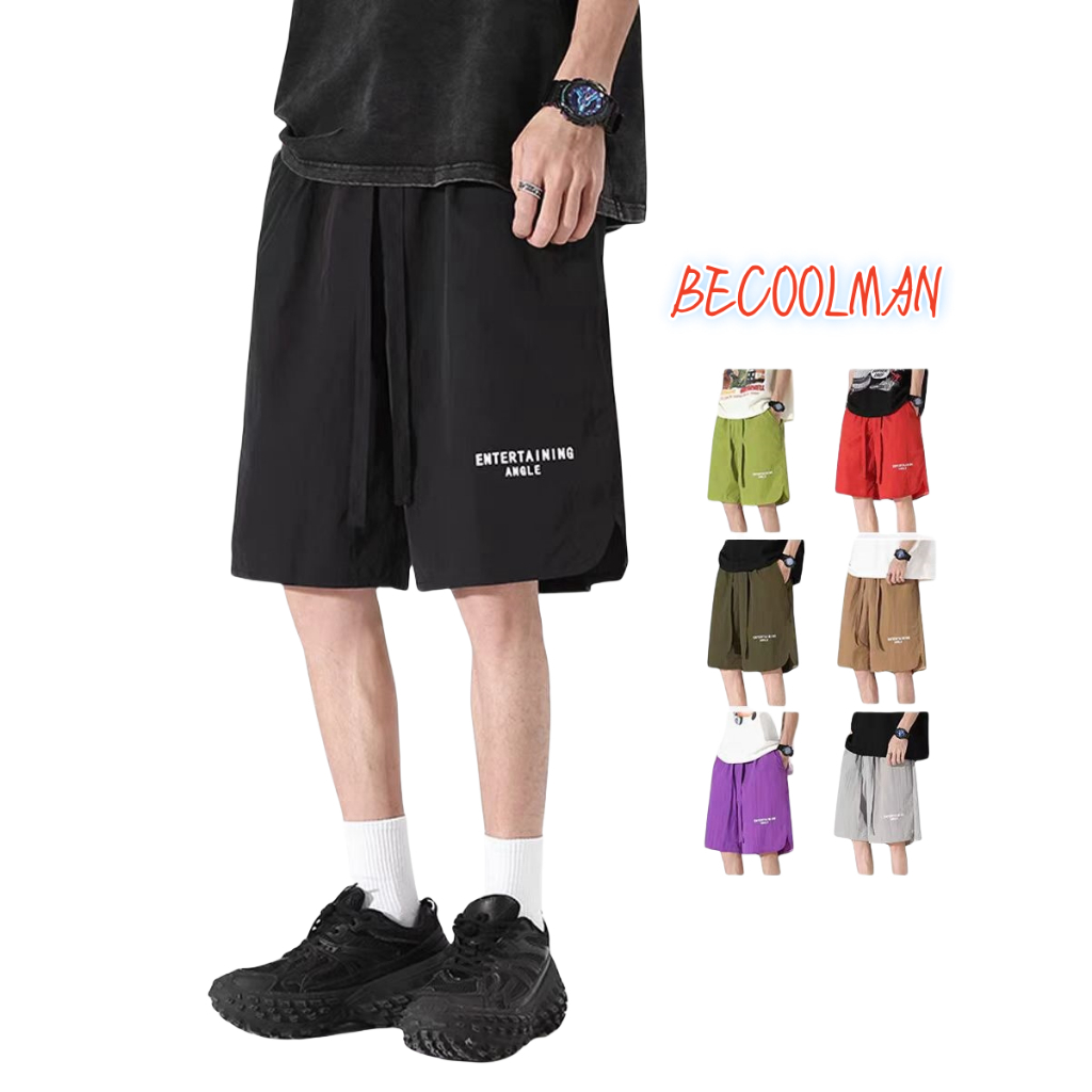 BECOOLMAN-สีล้วน ผ้าไหมน้ำแข็ง แห้งเร็ว กางเกงขาสั้น ผู้ชาย ผู้ชาย ลำลอง แยก การตกแต่งขนาดเล็ก