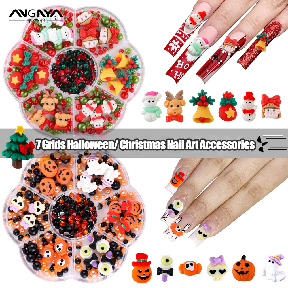 Angnya 2024 คริสต์มาสการ์ตูนเล็บอุปกรณ์เสริม Santa Claus Snowman Elk ฮาโลวีนโคมไฟฟักทองเรซิ่นตกแต่งเล็บ