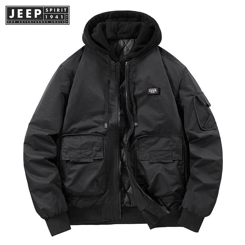 Jeep SPIRIT 1941 ESTD 2024 เสื้อแจ็คเก็ตลําลองผ้าฝ้ายมีฮู้ดฤดูหนาวใหม่สําหรับผู้ชาย