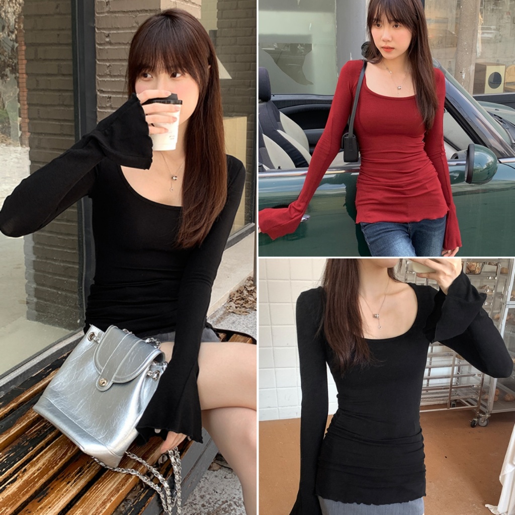 Betty house🌸พร้อมส่ง เสื้อยืดแขนยาวผู้หญิง เสื้อยืดเซกซี่🎀ผ้ายืดรัดรูป สีพื้น ดีไซน์ข้อมือบาน คอเหลี่ยม(แดง/ดํา)