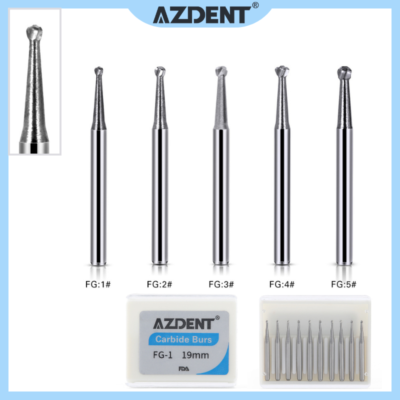 10ชิ้น | คาร์ไบด์ทันตกรรม Bur แบบกลมสําหรับ Handpiece ความเร็วสูง FG 1/2/3/4/5 AZDENT