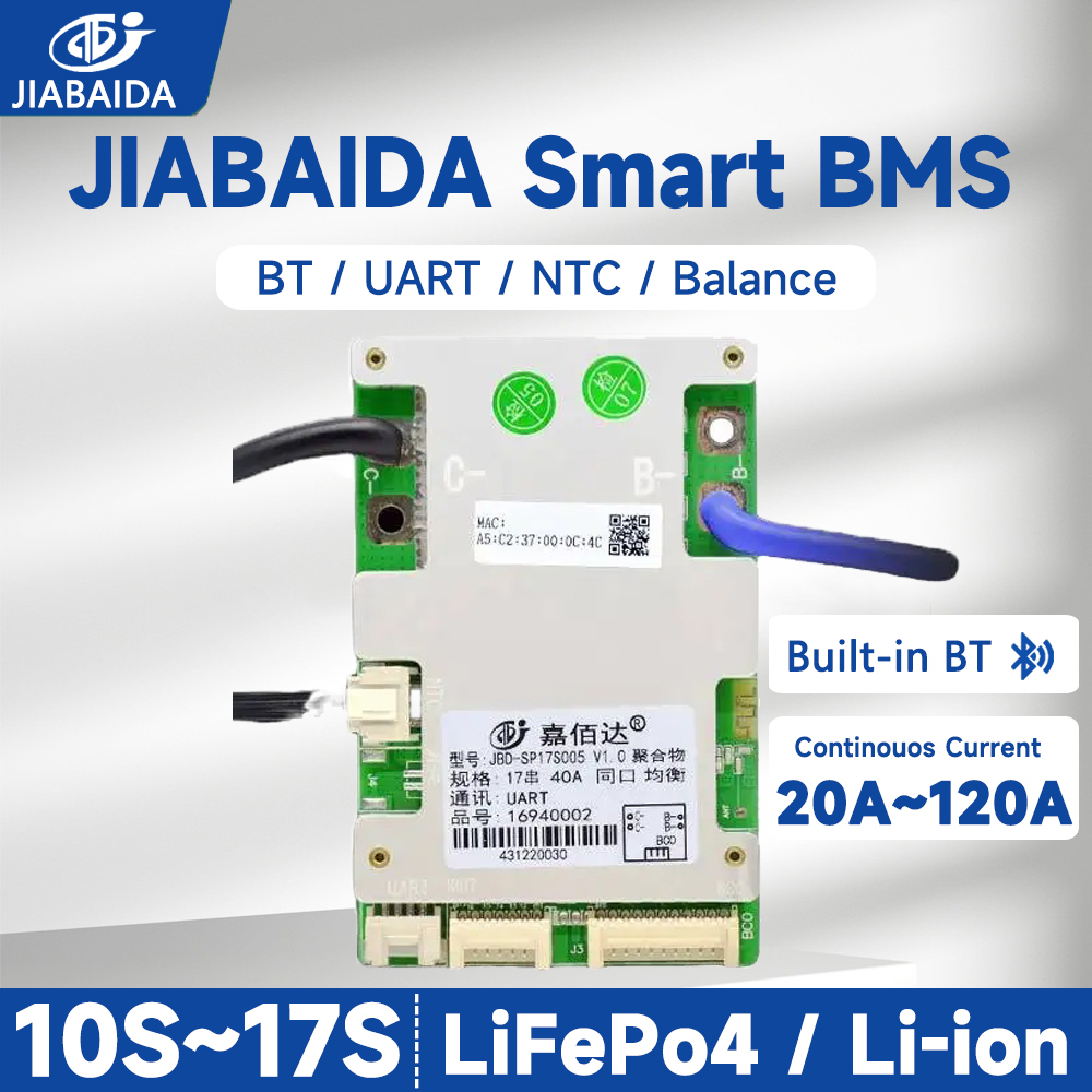 JIABAIDA BMS 16S 48V LiFePo4 Li-ion 10S 13S 14S 17S 20A 40A 50A 60A 80A 120A สมาร์ท BMS บลูทูธ