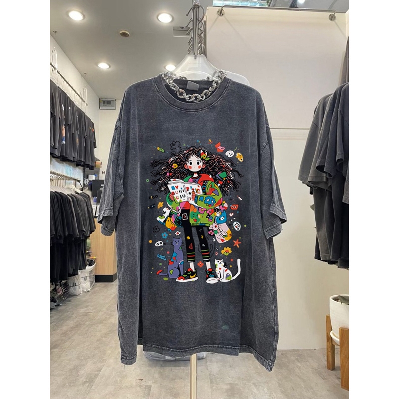 เสื้อฟอก oversize Pofloret ผ้าฝ้าย100% โอเวอร์ไซซ์ ลายพิมพ์ตัวการ์ตูนสุดเท่ #T1950