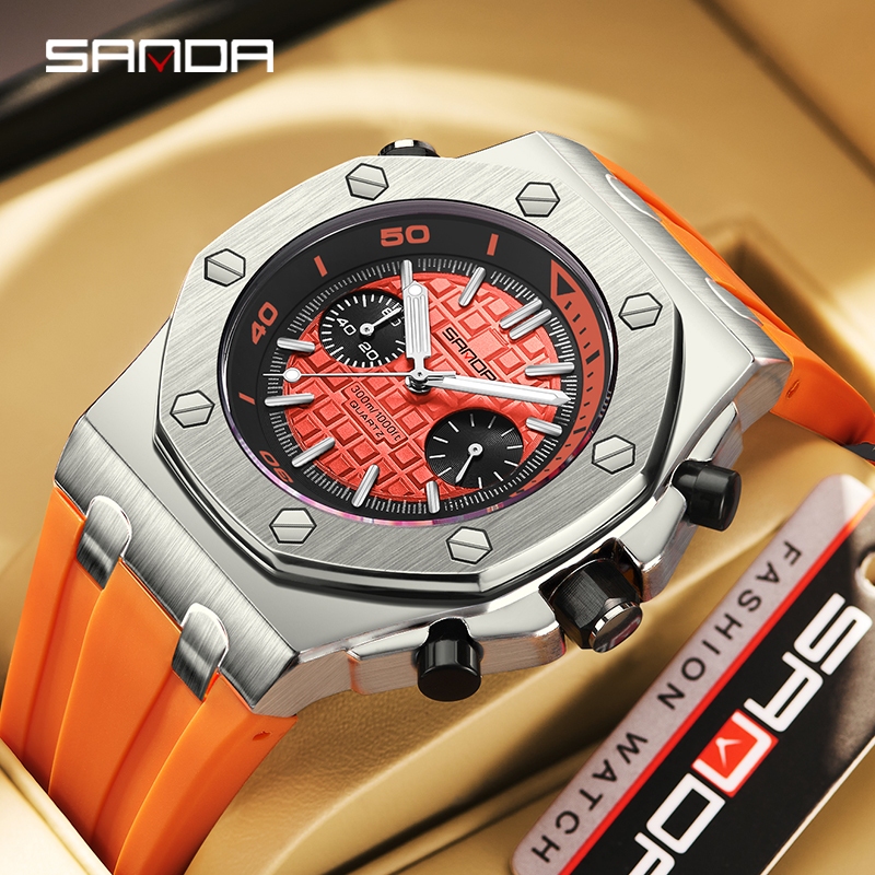 Sanda 7027/in stock Prismatic Plaid Dial Three-display Luminous Luxury Quartz Watch ของขวัญ