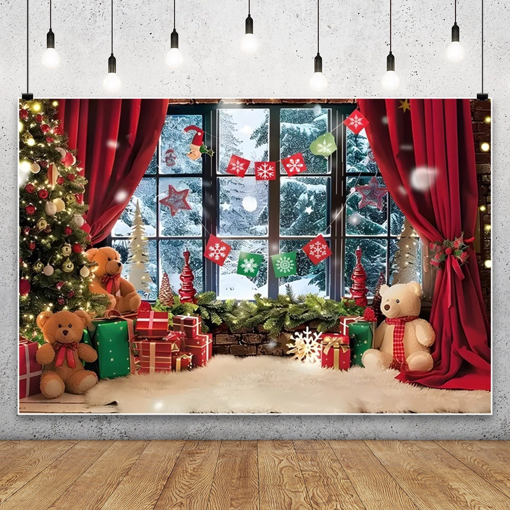 5x3ft คริสต์มาสหน้าต่างฉากหิมะการถ่ายภาพฉากหลังคริสต์มาสหมีต้นคริสต์มาสพื้นหลังปาร์ตี้ปีใหม่ธีมการถ่ายภาพพื้นหลัง