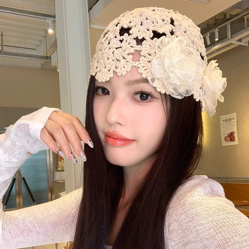 สไตล์เกาหลี Hand-Knitted Hollow ดอกไม้ Baotou หมวกหญิงฤดูร้อน All-Match หวานน่ารักใบหน้าบางหมวกเสื้อสวมหัวขนาดเล็ก