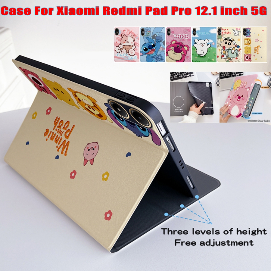 สําหรับ Xiaomi Redmi Pad Pro 12.1 นิ้ว 5G 2024 คุณภาพสูง PU หนังกันกระแทกฝาครอบ Xiaomi POCO Pad Pro 12.1 แฟชั่นภาพวาดการ์ตูนพร้อมช่องเสียบปากกากรณีแท็บเล็ต