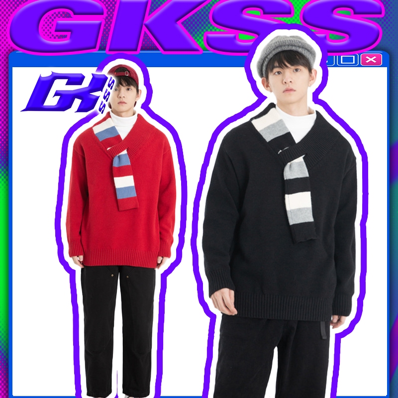 GKSSS เสื้อกันหนาวผู้ชายคอวีคริสต์มาสเสื้อสเวตเตอร์ถักหลวม