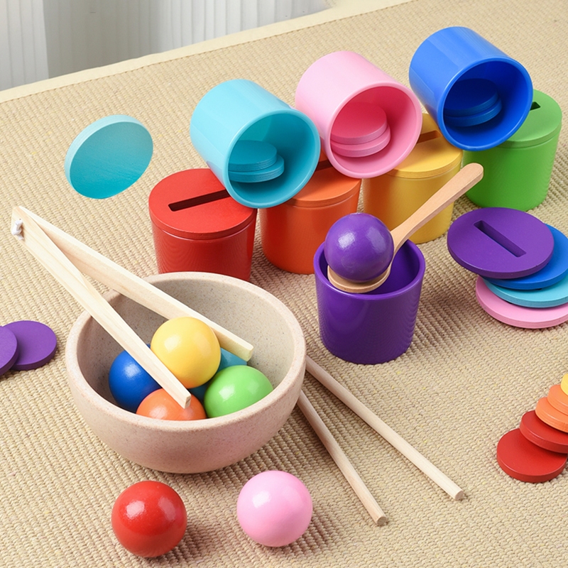 เด็ก Montessori ของเล่นไม้ Rainbow Ball และถ้วยสี Sorting เกม Fine มอเตอร์ Early Education การเรียนรู้ของเล่นของขวัญสําหรับเด็ก