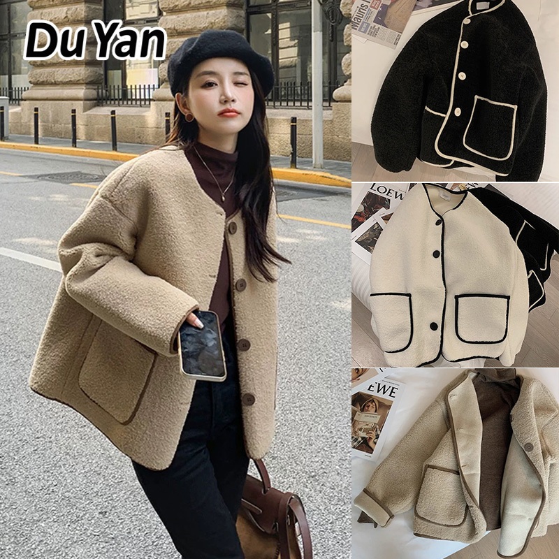 Du Yan เสื้อโค้ทขนสัตว์แกะผู้หญิงทรงหลวมสั้นหนาเสื้อสไตล์มีกลิ่นหอมขนาดเล็ก