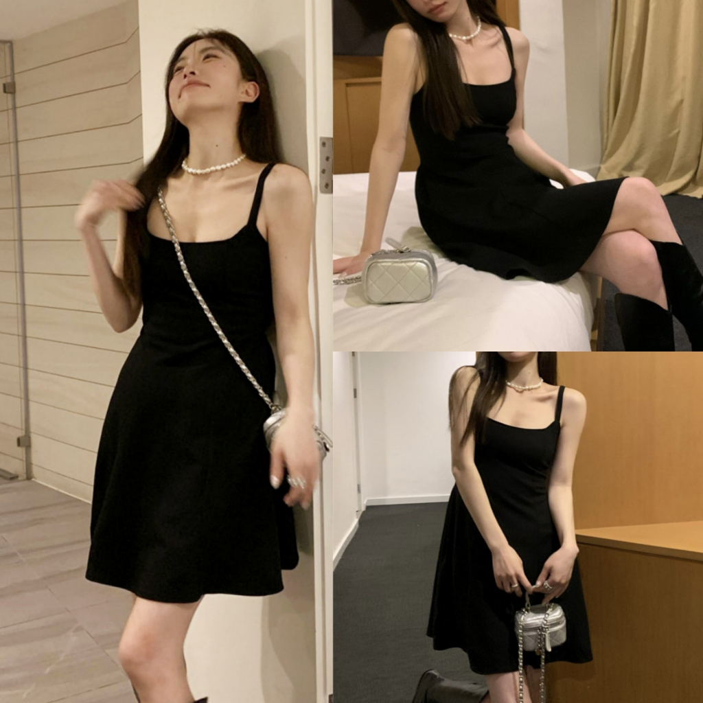 Luna Shop ชุดเดรสสายเดี่ยวสีดำเฮปเบิร์นชุดเดรสสีดำเรียบหรู