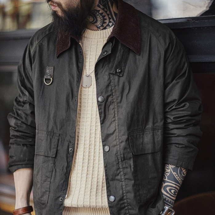 เครื่องมือสมัยใหม่ American Retro Spey Oil Wax Fishing Jacket vintage Distressed Outdoor Lapel Jacke