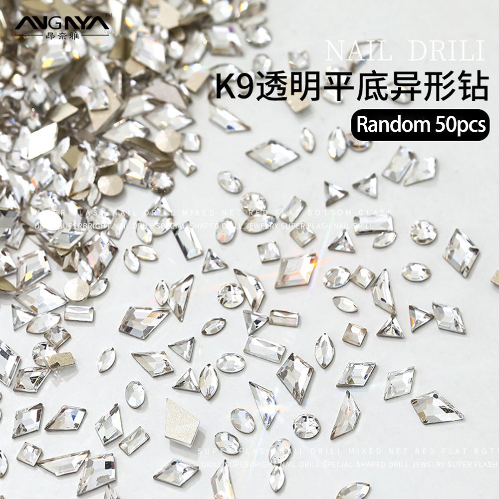 ANGNYA 50pcs Mini Pointed ด้านล่างผสมรูปร่างเครื่องประดับคริสตัลตกแต่งเล็บแก้ว Pile เพชรเล็บอุปกรณ์เสริม
