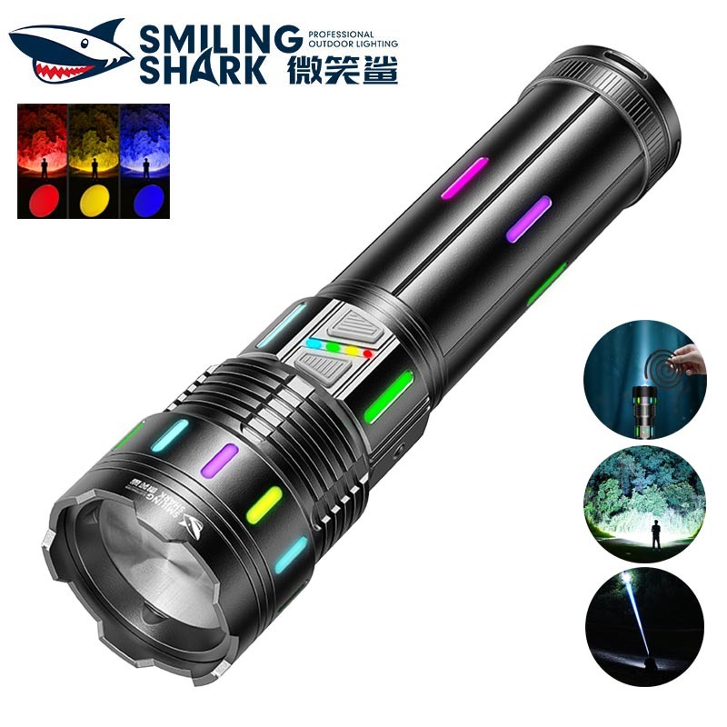 SmilingShark SD5975 ไฟฉาย led M80 10000lm งานหนัก คบเพลิง อัลตร้าไบรท์ เลนส์เฟรสเนล ขาว แดง เหลือง น้ำเงิน ซูมได้ 5โหมด Type-C ชาร์จใหม่ได้ กันน้ำสำหรับการตั้งแคมป์