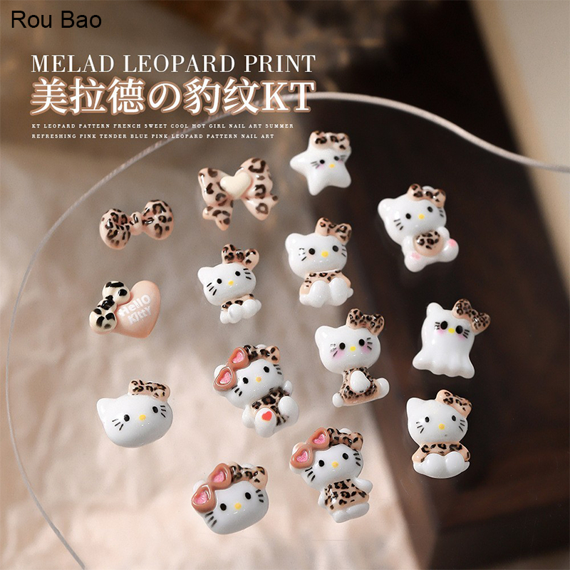 Rou Bao 20 ชิ้นเล็บน่ารักเสือดาว Hello Kitty แมวการ์ตูน Girly 3D เรซิ่นสําหรับเล็บ Art DIY Handmade ตกแต่ง