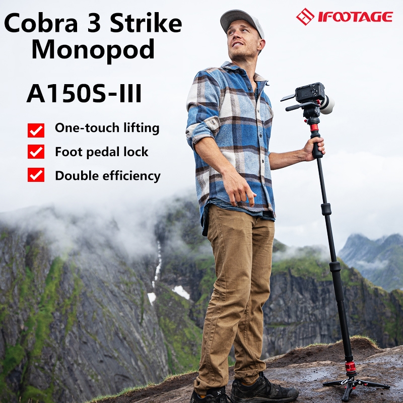 Ifootage Cobra 3 Strike Aluminium Monopod พร้อมฐาน Minipod โปรไฟล์ต่ําและหัวของเหลว K5S