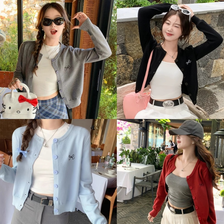 สไตล์เกาหลีสไตล์หวานสั้นโบว์ปักเสื้อกันหนาวแจ็คเก็ตแขนยาวถักเสื้อสเวตเตอร์ถัก