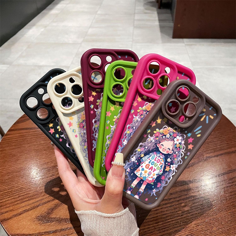 สําหรับ iPhone กรณี IP15 PRO MAX IP11 IP12 PRO IP7 IPXS MAX น่ารักผมหยิกสาว IP13 IP14 IP16PLUS สไตล์เคสโทรศัพท์ที่เรียบง่ายฝุ่นและกันกระแทกเคสโทรศัพท์