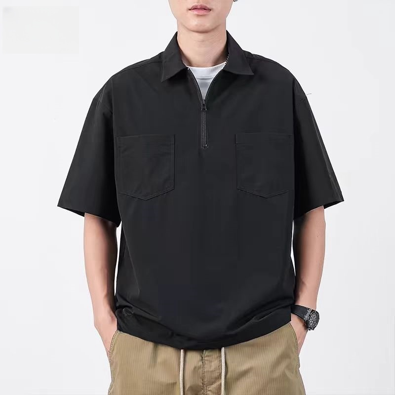 PROMAN-สไตล์อเมริกัน ชุดทำงาน ลำลอง เสื้อโปโล ชาย ผ้าไหมน้ำแข็ง แห้งเร็ว แนววินเทจ แมทช์ลุคง่าย