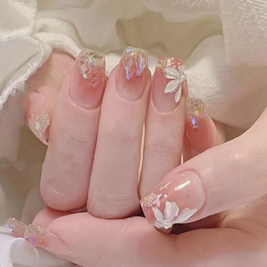 Sophiaura Frosty กลีบ Super สั้นสแควร์สีส้มดอกไม้ออกแบบกดบนเล็บสําหรับสาวนํากลับมาใช้ใหม่เล็บปลอมด้วยกาว