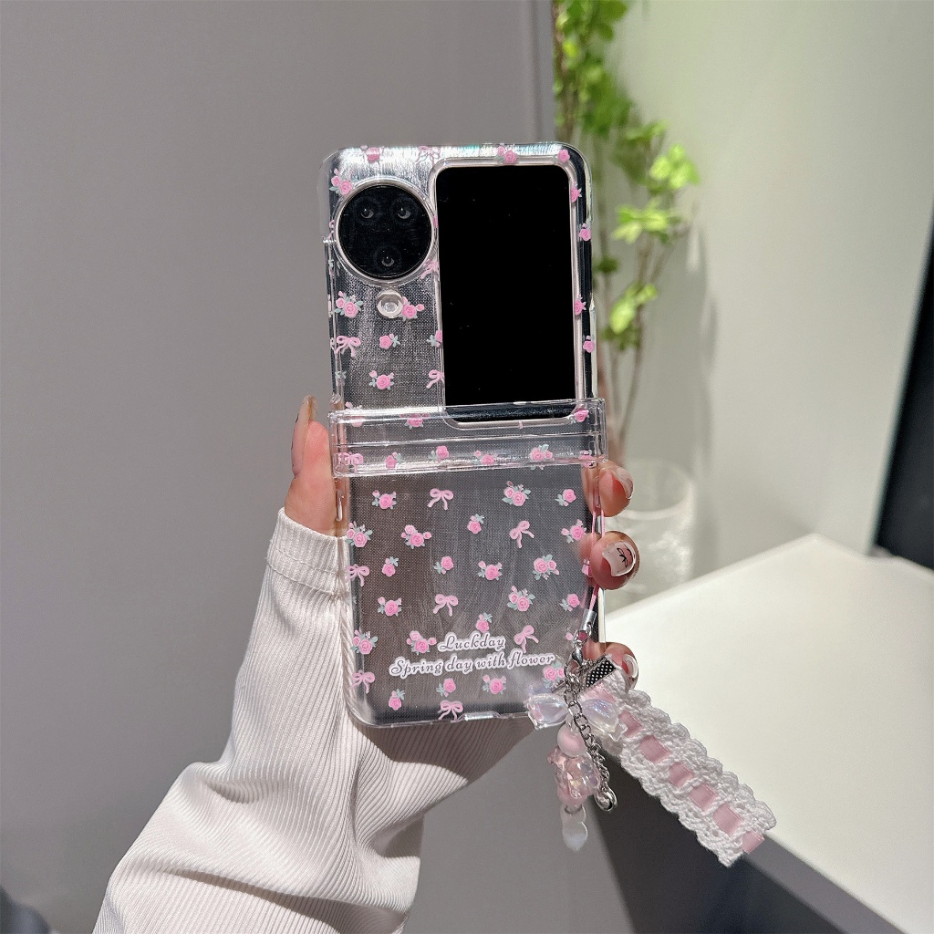 เกาหลีน่ารัก Simple Camlet เต็มหน้าจอดอกไม้ดอกไม้เคสโทรศัพท์ลูกไม้ Cat Paw จี้สําหรับ OPPO ค้นหา N2 Flip ค้นหา N3 พลิกกันกระแทกปกหลัง