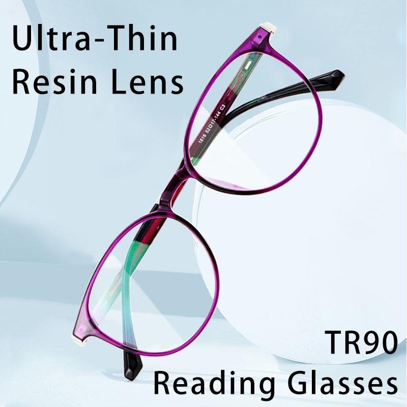 แว่นตาอ่านหนังสือป้องกันแสงสีฟ้าบางเฉียบสําหรับผู้หญิงแว่นตาสายตายาวขยายผู้อ่านป้องกันรังสียูวี/ตารถไฟ/แสงจ้า