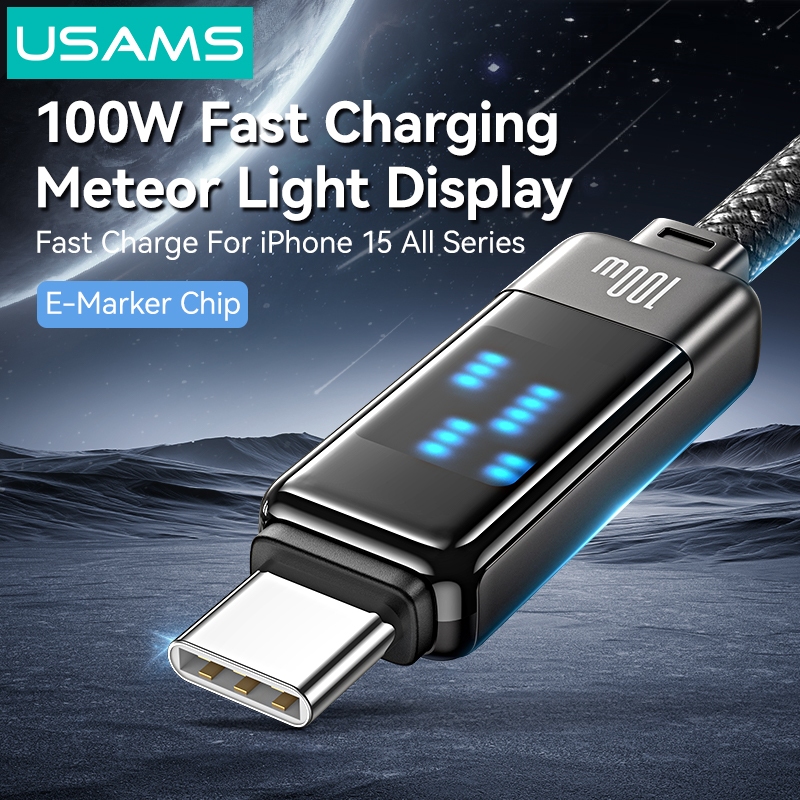Usams 100W สาย USB C ถึง USB C ชาร์จเร็วไนลอน LED Type-C Data Cable เข้ากันได้กับ Samsung / โทรศัพท์ / แล็ปท็อป