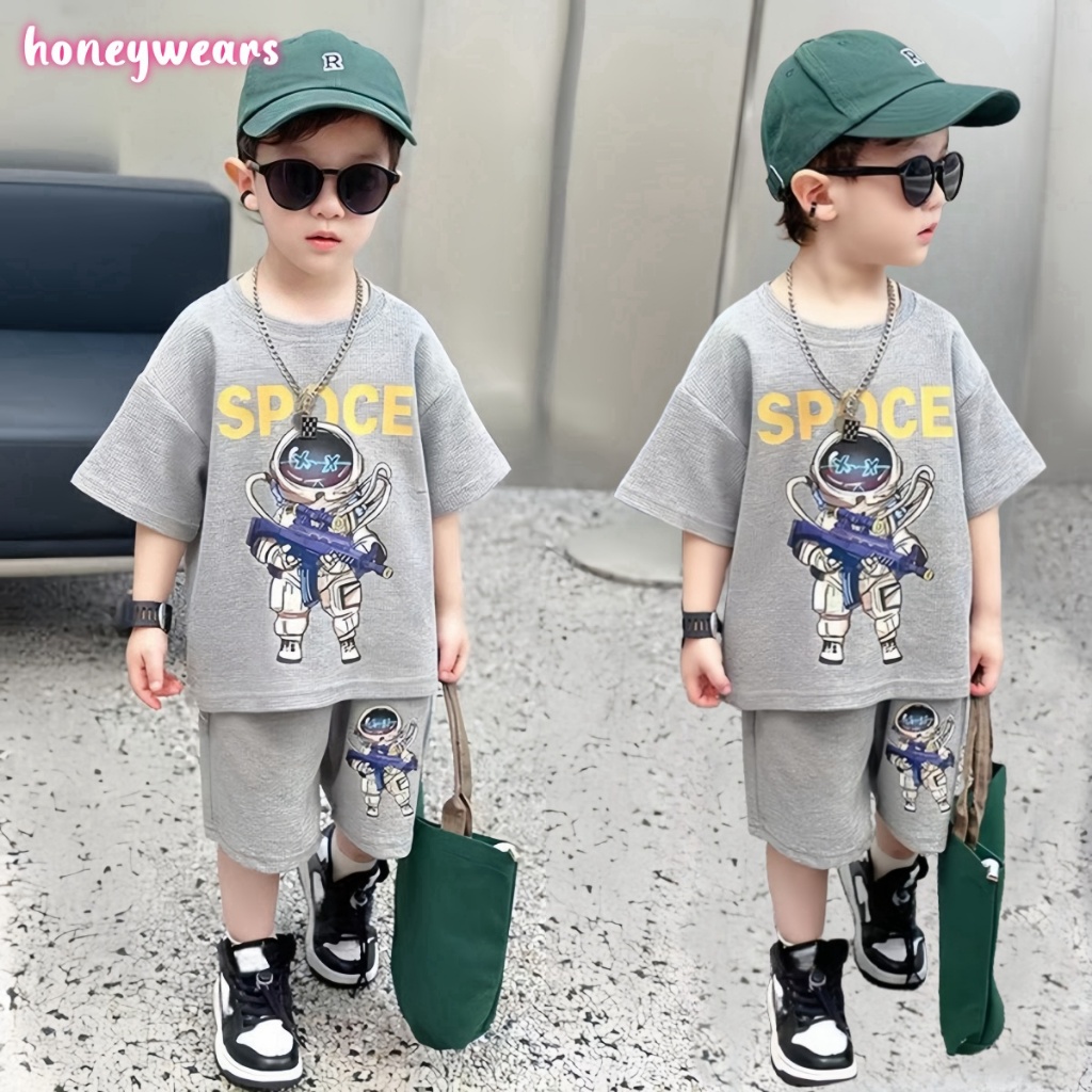 honeywears⚡️พร้อมส่ง⚡️ชุดเซ็ทเด็กลำลองแฟชั่น เสื้อสกรีนลายน่ารักกางเกงขาสั้น งานผ้าร่องสไตล์เกาหลี ฤดูร้อน ไซส์ 110-150