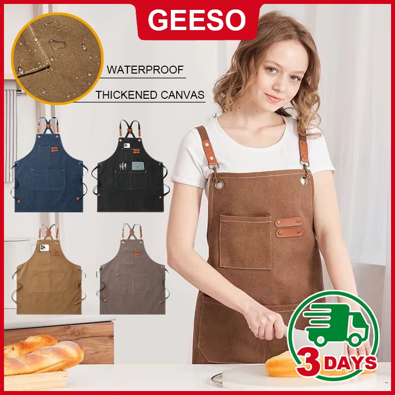 GEESO ผ้ากันเปื้อน กาแฟ ผ้าแคนวาส 2024 อัพเกรดใหม่วัสดุทนน้ำ เหมาะสำหรับร้านกาแฟ ห้องครัว กันเปื้อนทำงานครัว เอี้ยม Canvas Leather Apron
