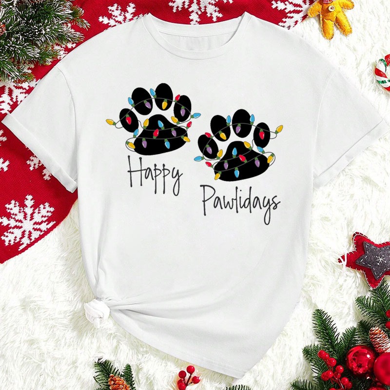Happy christmas Paw Lights เสื้อยืดของขวัญสําหรับคนรักสัตว์ตลกคริสต์มาส Tshirt แฟชั่นใหม่ผู้หญิงแขนสั้น tee เสื้อ xmas ของขวัญคริสต์มาส - หลากสี S-3XL
