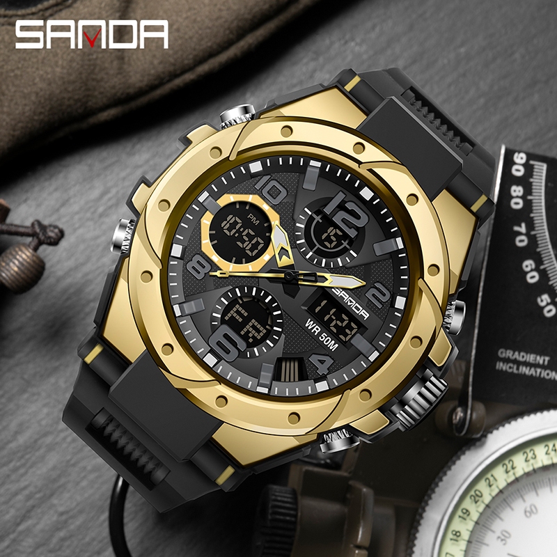 SANDA 6008/in stock นาฬิกาข้อมือควอตซ์ มีไฟ LED กันน้ำ หรูหรา สไตล์ทหาร สำหรับผู้ชาย