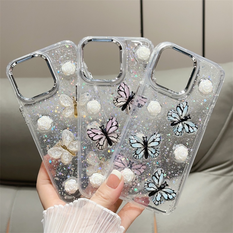 Bling Glitter Star เคสโทรศัพท์สําหรับ iPhone 17 18 Pro Max 11 12 13 14 15 16 Plus 16e 17e ปลอก 3D ผีเสื้อ Rose ดอกไม้ใสฝาครอบ