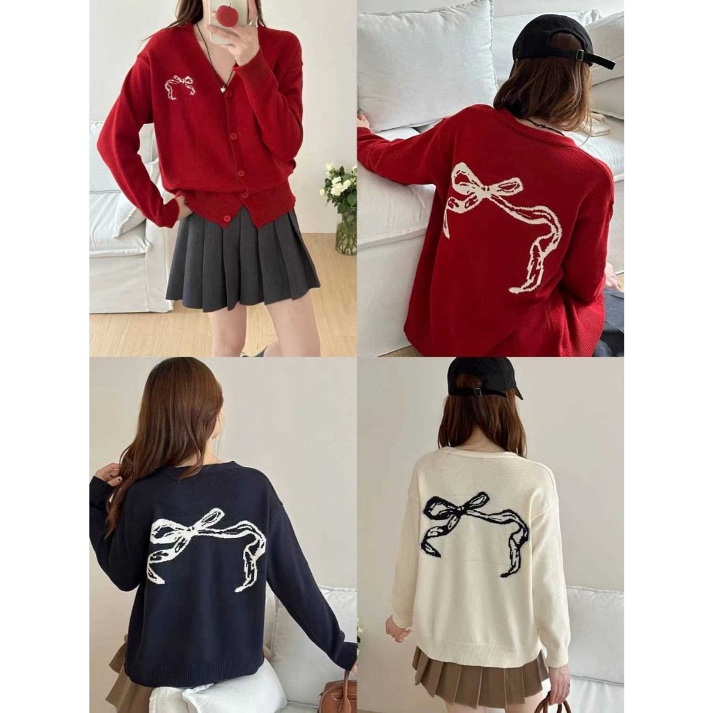 เสื้อสเวตเตอร์ถักแขนยาวผูกโบว์ ผ้าแจ็คการ์ด สไตล์เกาหลีสไตล์หวาน