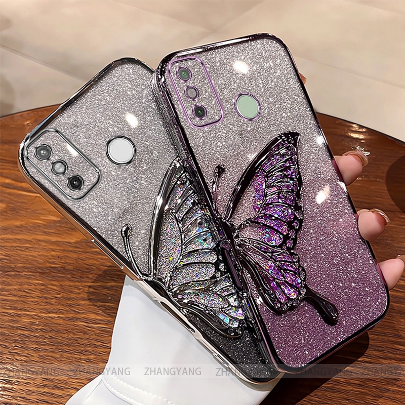 เคสสําหรับ Tecno Spark 6 Go เคสโทรศัพท์ซิลิโคนแวววาวด้วยไฟฟ้าความงามผีเสื้อ patch TPU soft case