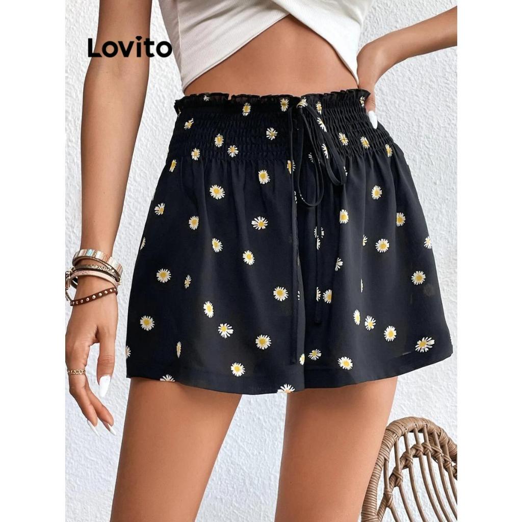 Lovito กางเกงขาสั้นลูกไม้ลายดอกไม้ โบโฮ ดิทซี่ สำหรับผู้หญิง LNL74359