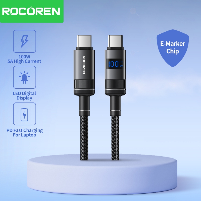 Rocoren 100w 5A Type C ถึง Type C สาย LED จอแสดงผลดิจิตอล PD Fast สายชาร์จสําหรับโทรศัพท์แล็ปท็อป
