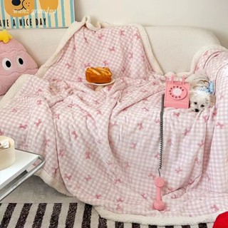 ผ้าห่มนวมคลุมอบอุ่น ขนแกะปะการังนุ่มนิ่ม โบว์ชมพูน่ารัก