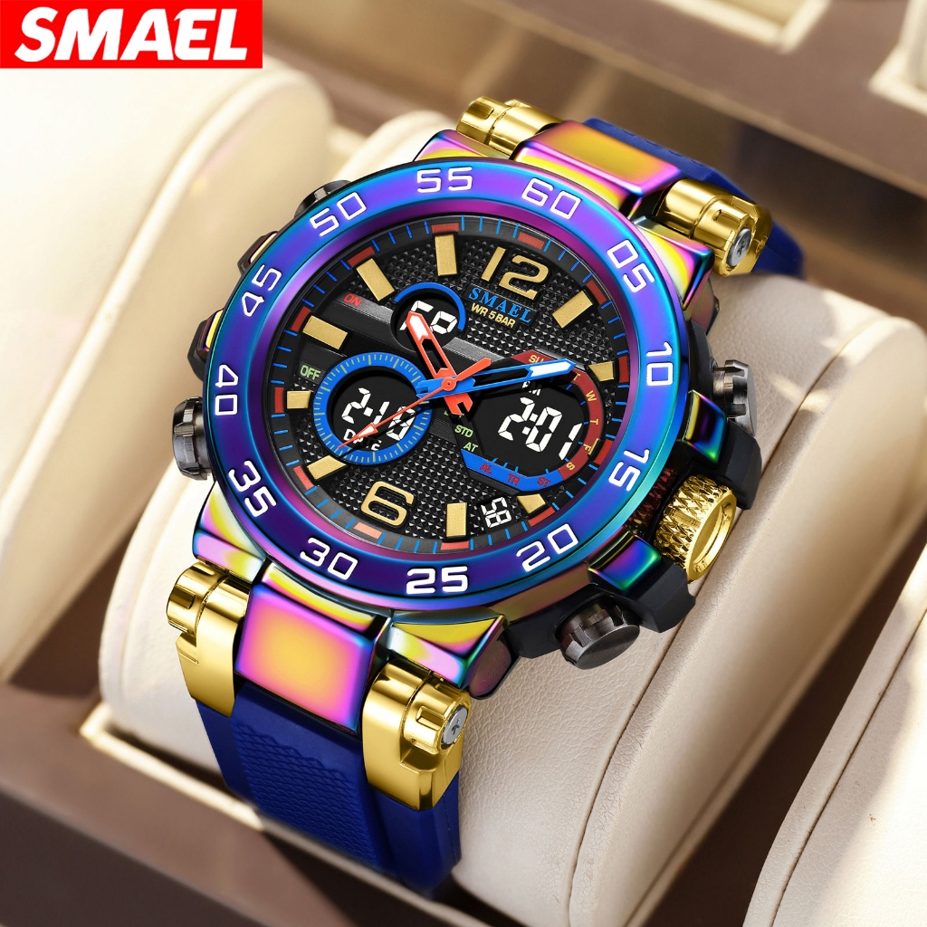 Smael 8106 ยี่ห้อกีฬา LED นาฬิกาดิจิตอลแฟชั่น Leisure Man Dual Display รอบ Dial PU สายโลหะผสมกรณีนาฬิกาข้อมือกันน้ํา